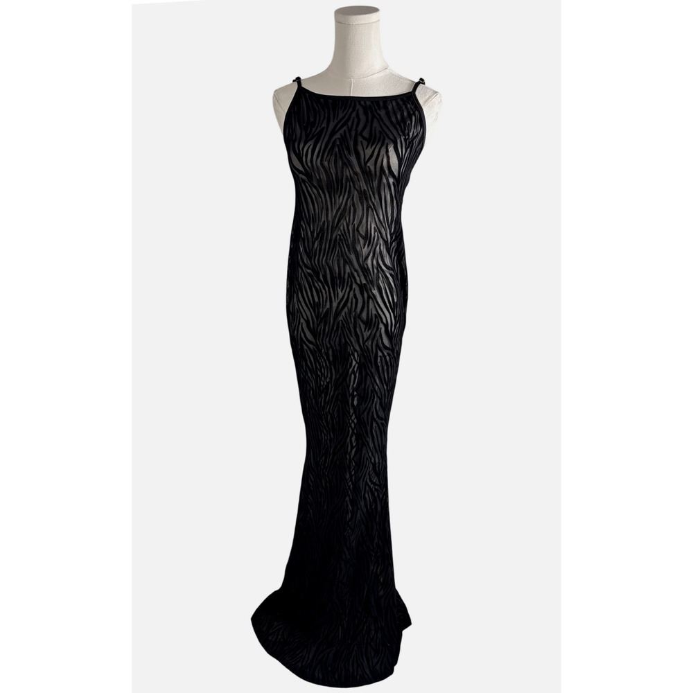 Showpo Black Zebra Burnout Mesh Maxi Dress Velvet Animal Print Scoop Back Size 8 - Picture 1 of 7
